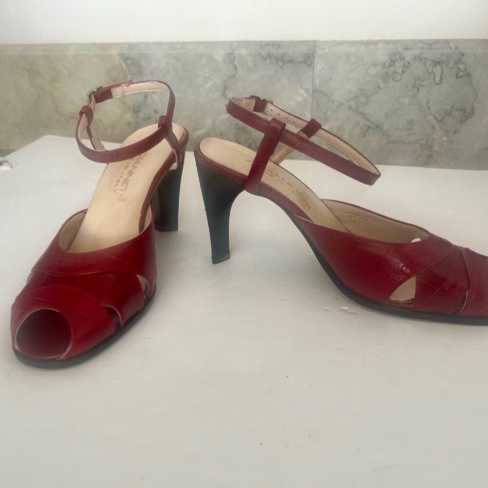 A. Gianetti Red Leather Crocodile Embossed Peep Toe Strappy Heels
